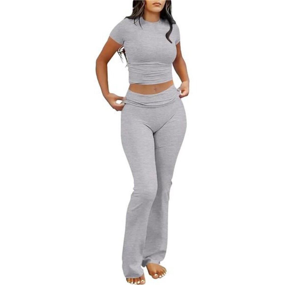 Lounge Sets for Women 2 Piece Foldover Yoga Flare Leggings Pants Crop